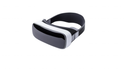 A vr headset with a black and white design sitting on a black background in a studio setting on transparent background