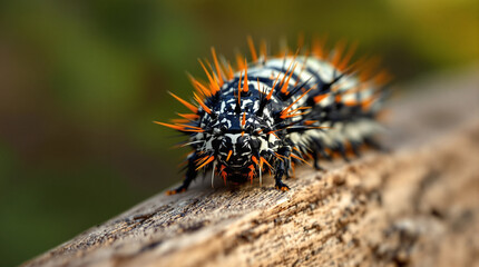 A captivating spiky caterpillar with bold black and white vibrant orange spines sharp macro lush