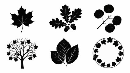 Collection of Black and White Autumn Leaf Silhouettes and Tree Illustrations. © Pitiok