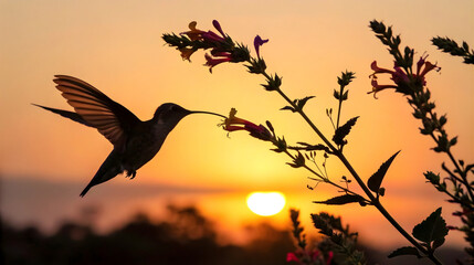 Naklejka premium Hummingbird Silhouette Feeding on a Flower at Sunset with a Warm Golden Sky