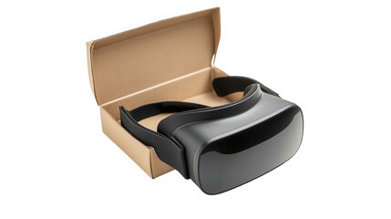 A vr headset inside a cardboard box ready for use on a black background in a studio setting on transparent background