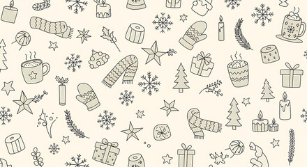 Festive holiday doodle pattern with seasonal elements on a neutral backdrop