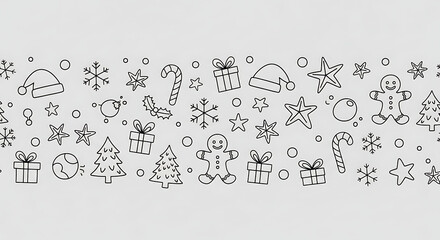 Festive holiday season doodle decorations with gifts and candy canes on white