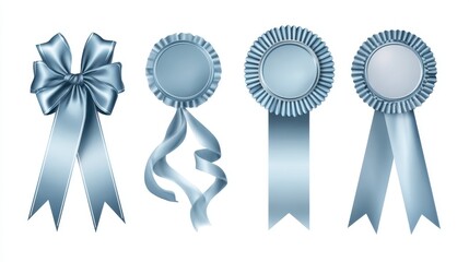 Several detailed depictions of awards and ribbons in a light blue hue, rendered with realistic shading and highlights