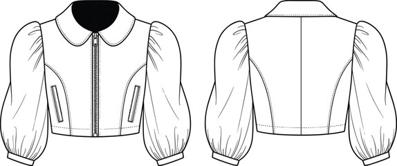 cad drawing flat vector illustration, cropped jacket sketch, fashion technical design, garment construction blueprint, puff sleeve pattern, zipper front layout © Hello Wolrd