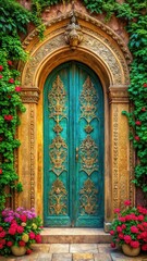 Obraz premium Ornate gold door with intricate carvings in a majestic teal stone archway surrounded by lush greenery and vibrant flowers