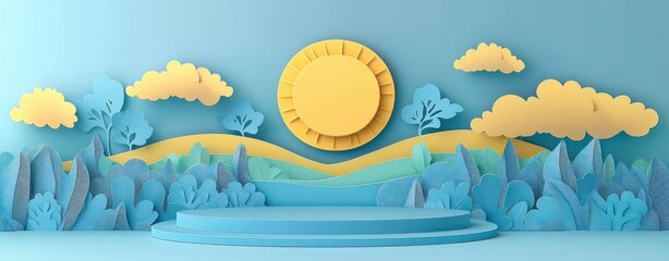 Whimsical paper-cut sunlit landscape with layered hills, stylized trees, bushes and clouds above a circular blue display podium, bright cheerful scene