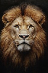 regal golden lion mane and ears illuminated against a dark background, conveying majestic power and noble presence