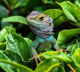 vibrant green lizard with detailed textured scales perched among glossy tropical leaves, alert and curious expression