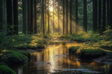 Golden sunlight streaming through tall conifer trunks onto a mossy creek, warm reflections on calm water in a tranquil, peaceful woodland scene