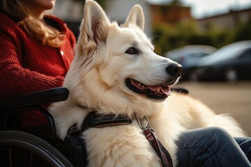 Large fluffy white dog wearing a harness and leash sits on a person's lap in a wheelchair outdoors near parked cars, calm, attentive and affectionate companion