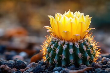 small round green cactus with bright yellow flower on pebbles, backlit by warm sunlight evoking delicate serene beauty