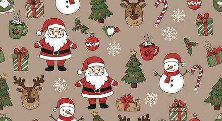 Festive christmas pattern with santa claus snowman deer and gifts on transparent background