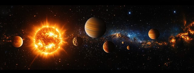 Fiery glowing star with multiple gas giants and rocky planets stretched across a starfield, a blue milky way band and orange nebulae, evoking cosmic awe and majestic wonder