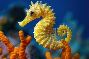 vibrant yellow seahorse with curled tail among orange coral branches in calm blue water, delicate texture and serene curious mood