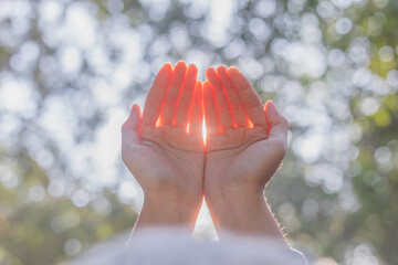 Human hands respect and pray on nature bokeh background