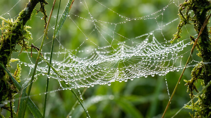 Closeup of a spiderweb adorned with numerous dewdrops glistening in natural light.