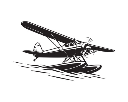 Retro Black and White Seaplane Floatplane on Water Illustration