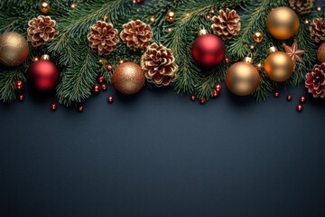 Festive evergreen garland with frosted pinecones, red and gold baubles and tiny red beads on dark textured background, warm elegant holiday mood