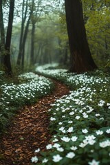 winding forest path lined with a carpet of white wildflowers, tall trees and fallen leaves in a misty spring woodland evoking peaceful, dreamy serenity