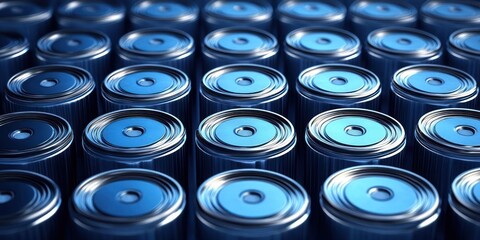 rows of shiny blue metal cans seen from above, repeating reflective circular tops creating a sleek, orderly and cool atmosphere