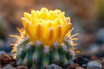 Small round cactus topped with a bright yellow crown bloom, white radial spines on green tubercles, sitting on rocky gravel in warm sunlight, cheerful and delicate
