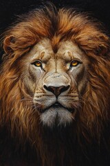 close-up portrait of a majestic lion mane and ears against a dark background conveying strength and regality