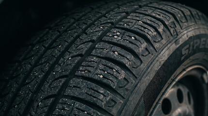 Closeup of a studded winter tire for enhanced grip on icy roads.