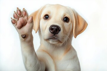 light-colored puppy lifting paw toward camera with soft fur and floppy ear, playful curious affectionate pose