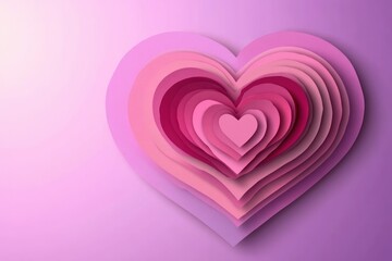 Layered concentric paper hearts in shades of pink and purple on a soft gradient background with textured edges and gentle shadows, evoking love, warmth and tenderness