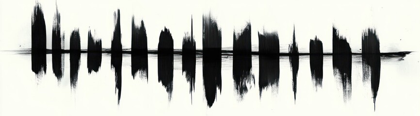 Mirrored black ink vertical brush strokes aligned across a thin central horizontal line on white background, evoking a rhythmic, meditative and slightly tense minimalist composition