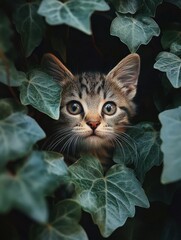 Curious tabby kitten peeking through dense green ivy leaves with wide innocent eyes