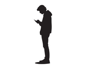 Profile silhouette of young person using mobile phone on white