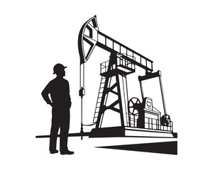 Oil Pump Jack and Engineer Silhouette Vector Illustration