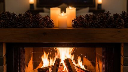 Fire burning brightly in fireplace with candles and pine cones on mantel creating cozy and warm atmosphere during winter season.