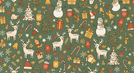 Festive christmas pattern with reindeer snowmen trees gifts and ornaments
