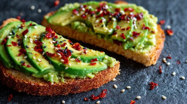 Sliced avocado, seasoned with sesame seeds and chili flakes, atop toasted bread slices, arranged on a dark, textured surface - Powered by Adobe