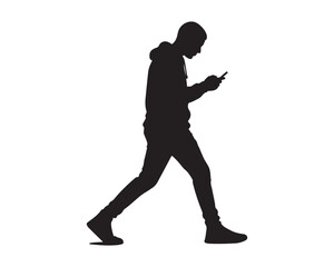 Young Male Silhouette Walking and Texting on Mobile Phone