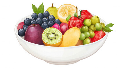 A white bowl filled with a variety of colorful fruits including grapes strawberries and kiwi fruit on transparent background