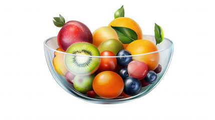 A clear bowl filled with a variety of colorful fruits including oranges kiwi and blueberries on black on transparent background