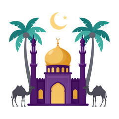 Golden mosque with camels and palm trees.