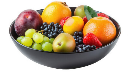A black bowl filled with a variety of colorful fruits including grapes oranges strawberries and a plum on transparent background