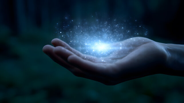 Mystical Embrace: A hand cradles a swirling galaxy of luminous light, showcasing the ethereal energy and the wonder of cosmic beauty. 