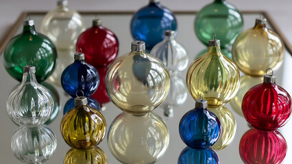 Colorful christmas ornaments reflecting on mirrored surface create festive holiday mood with vintage charm and bright colors, perfect for seasonal celebrations.