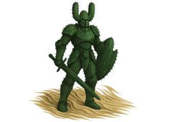 Cactus knight standing in desert sand, holding a sword and shield, representing a prickly warrior and desert defender