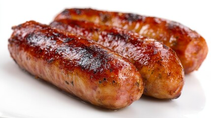 Three perfectly grilled sausages are featured. Their casings are browned with dark spots. The food is on a white surface, presented for consumption