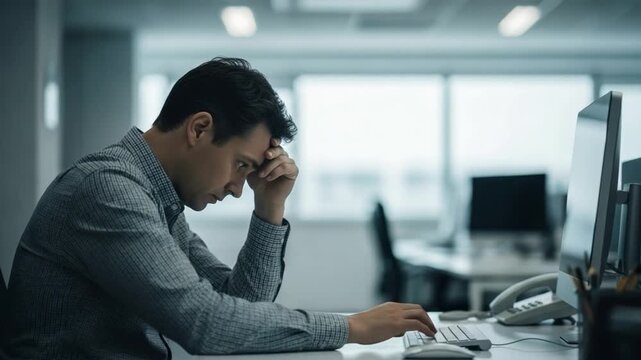 Stressed Young Asian Male Employee in an Office Setting Working on a Computer
