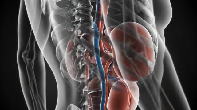 Transparent view of human torso showing internal organs and spine