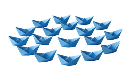 Group of blue origami paper boats