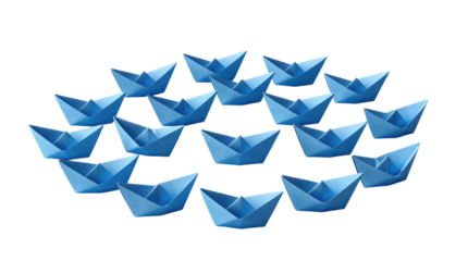 Group of blue origami paper boats